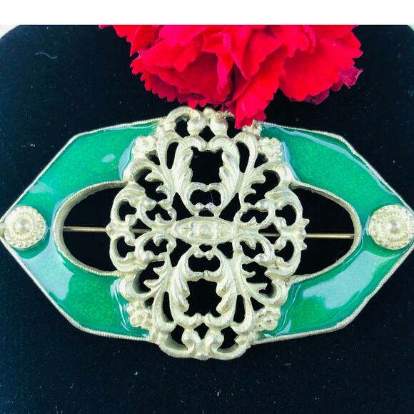 Vintage Signed ELLE Green Enamel Filigree Dark Gold Brooch Pin - Picture 1 of 5
